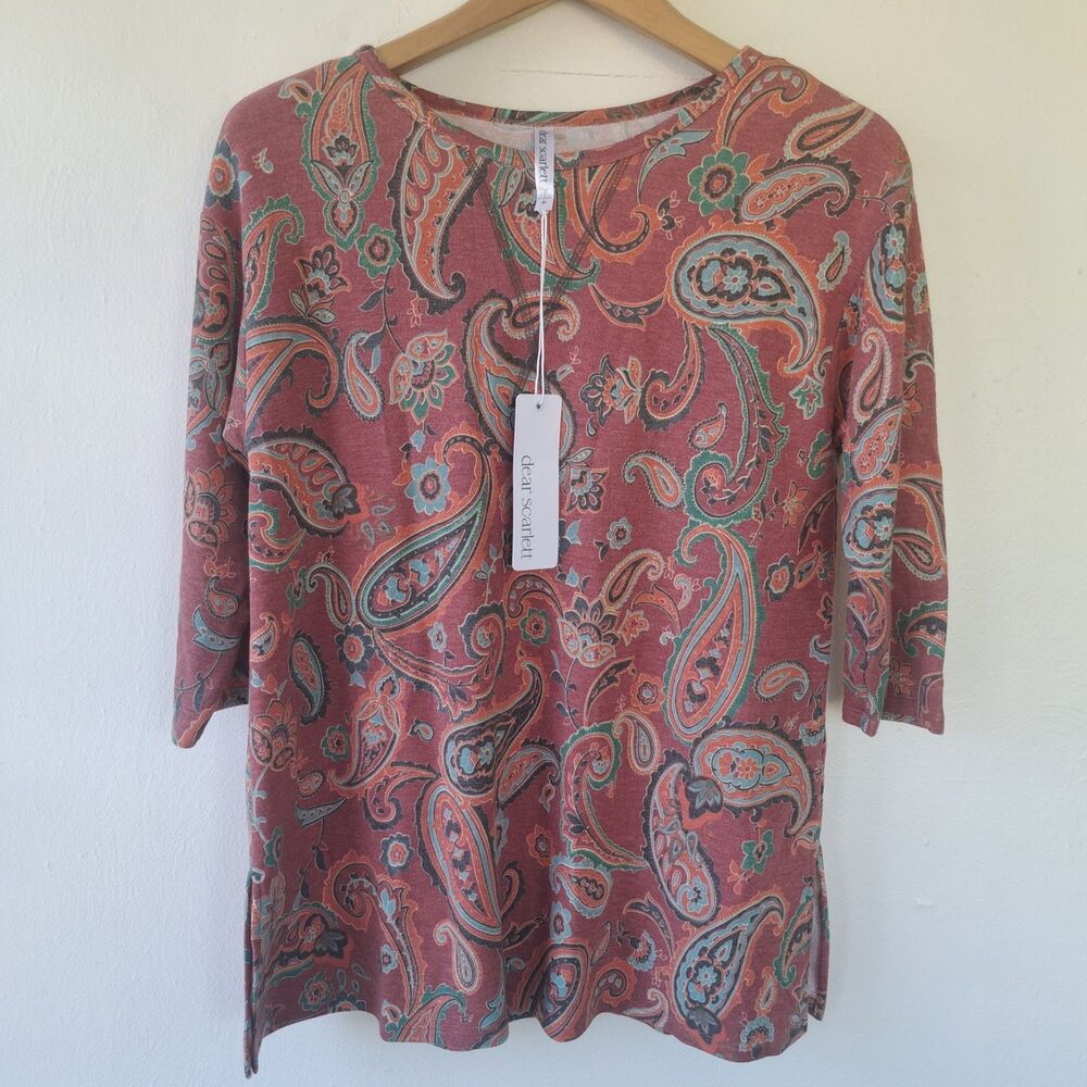 NEW Dear Scarlett Medium Red Half Sleeve Paisley Boho Blouse Women's Top Stretch
